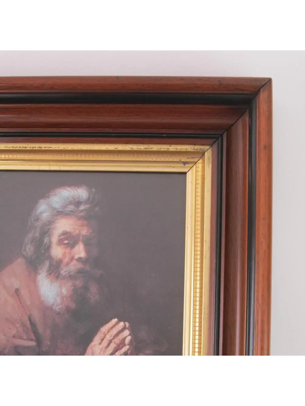Antique Victorian Deep Picture Frame Walnut Wood Gold Gilt Old Man Praying Print